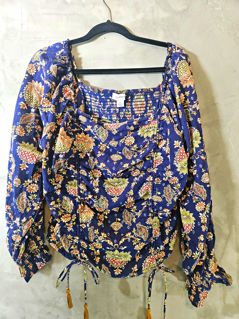 Calligraphy Anthropolgy XL Blue Multicolor Floral Cotton Square Neck Blouse
